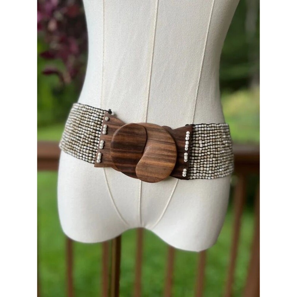 Wide Beaded Statement Belt with Oversized Wood Buckle Boho M/L